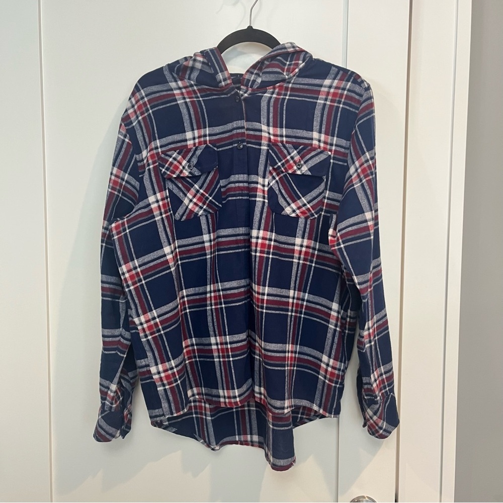 Navy and Red Plaid Hooded Button down